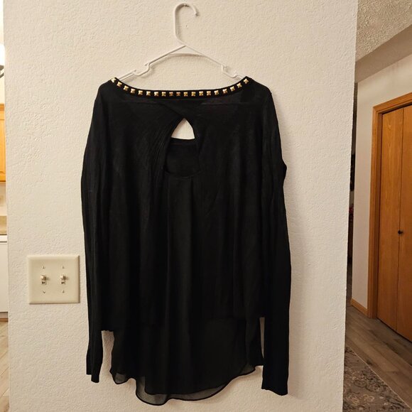 EXPRESS Black silk Top Over Sheer Tank Size L Gold Accents at Neckline - Picture 6 of 7